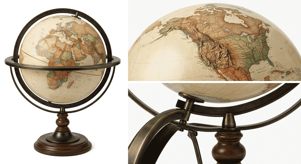 Replogle Eureka 16-Inch Globe product views showing antique ocean styling and raised relief detail