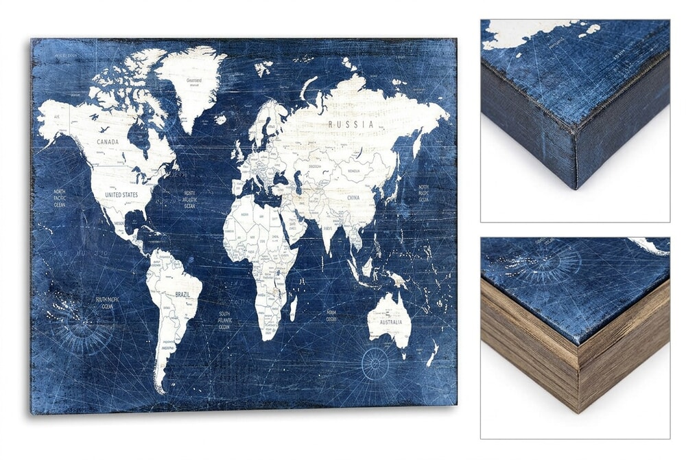 AREBOLO Navy World Map Canvas showing dark blue retro world map on framed canvas