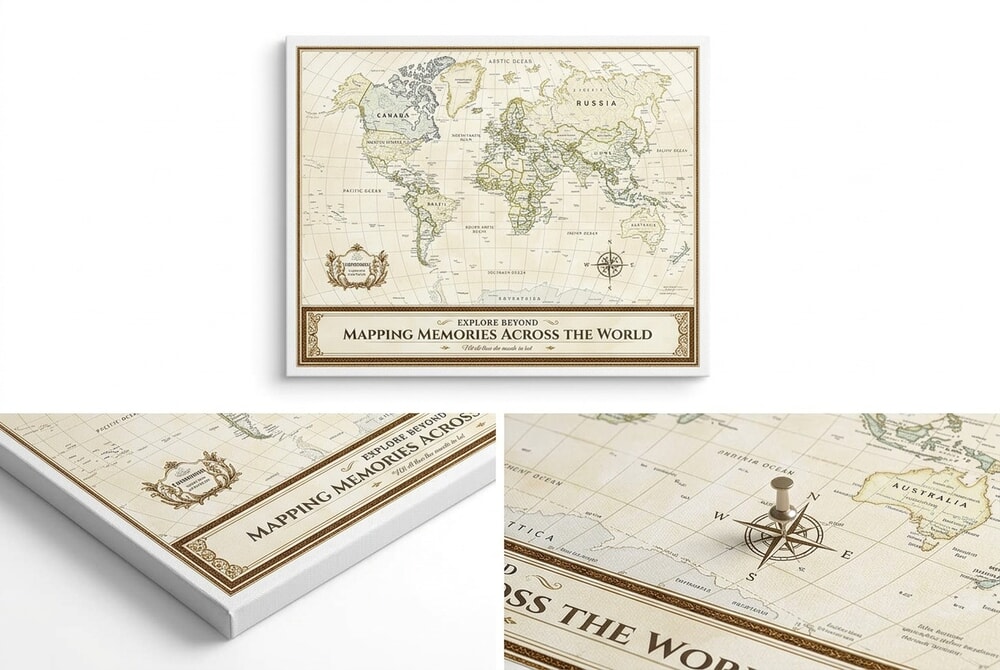 DECORARTS Antique-Style Push Pin World Map showing warm vintage tones on cotton canvas