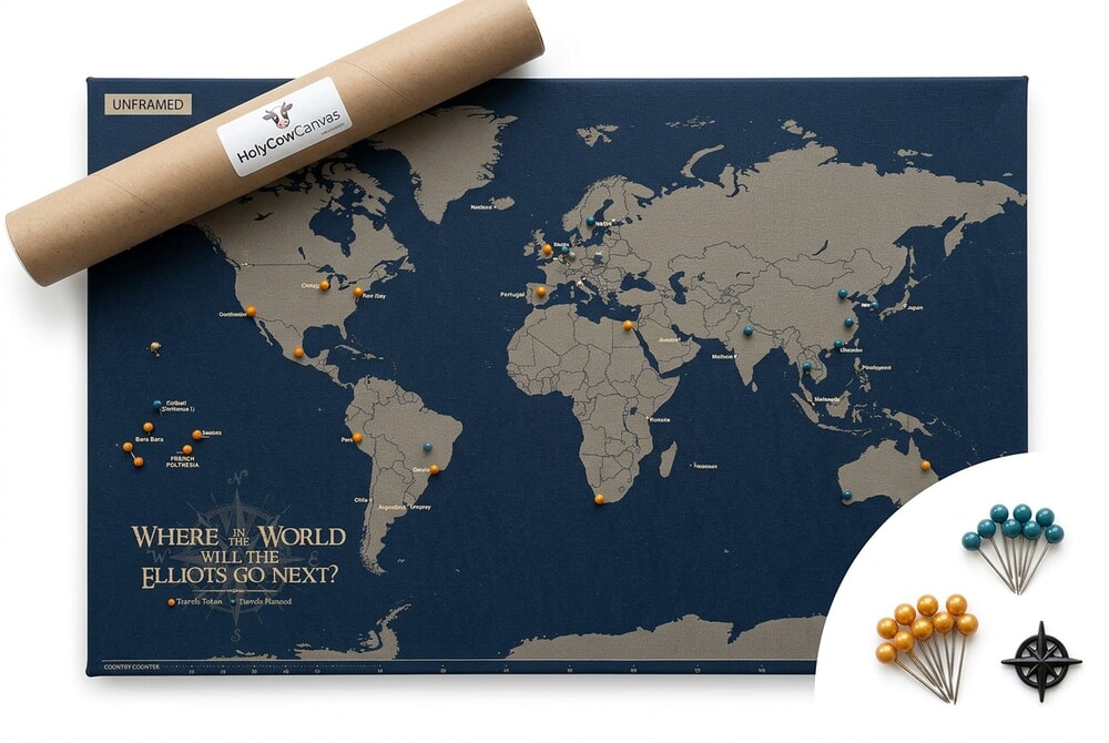 HolyCowCanvas Personalized Push Pin World Map with classic earth tones on navy background