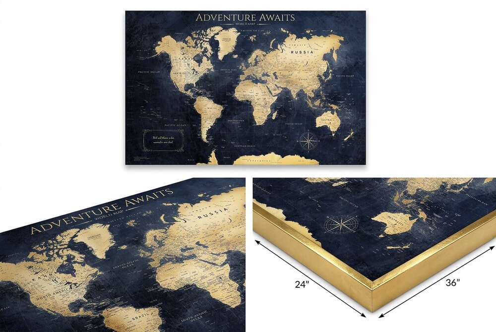 IPIC Push Pin World Map Canvas in deep blue and gold tones with push pins marking travel destinations