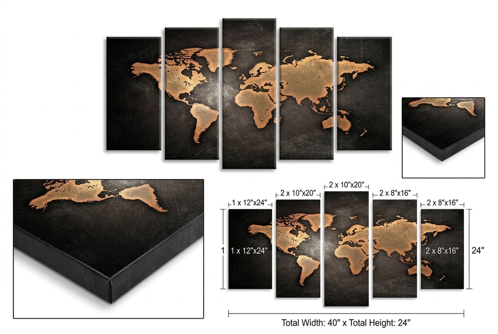 KREATIVE ARTS Retro World Map 5-Panel Canvas showing vintage-style map split across five framed panels