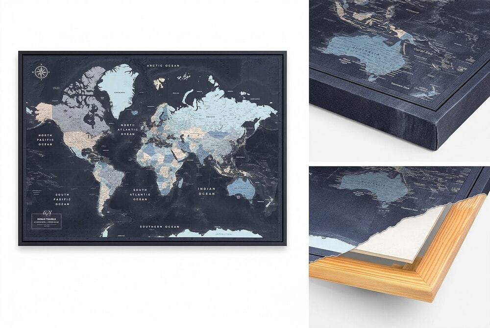 Pin Adventure Push Pin Travel Map showing detailed navy world map with gold accents and push pins