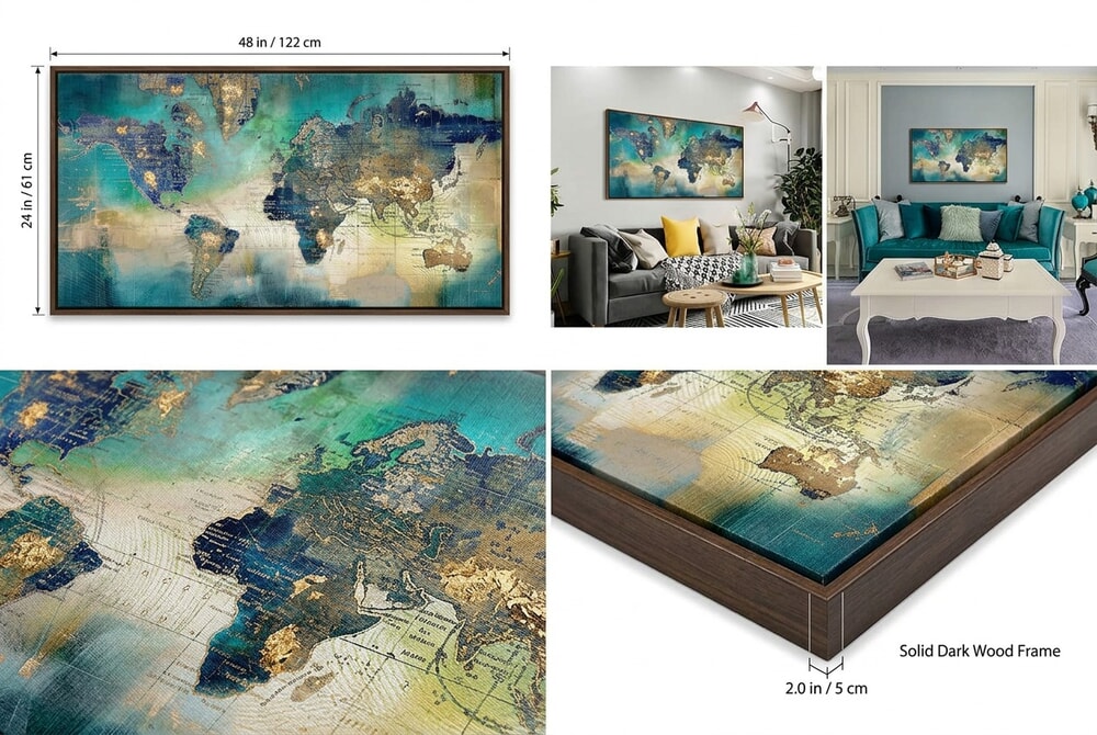 Pogusmavi Large World Map Canvas showing green-toned world map on dark wood frame