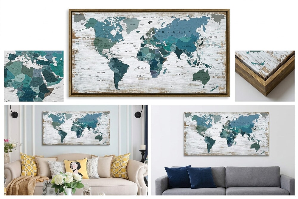 ZEYDRT Teal World Map Canvas showing blue watercolor world map on white background
