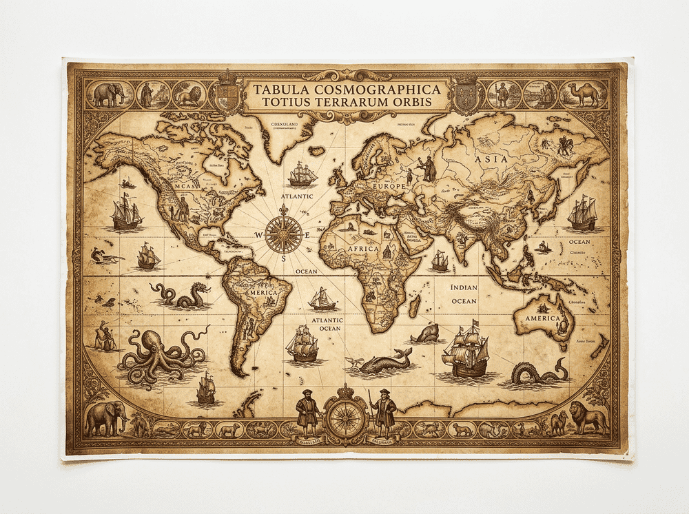 GB Eye Antique World Map art poster with vintage parchment styling