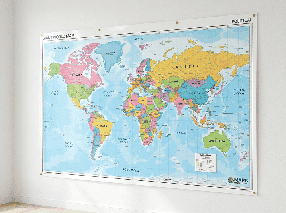 Maps International Giant World Map poster showing colorful political map with laminated finish