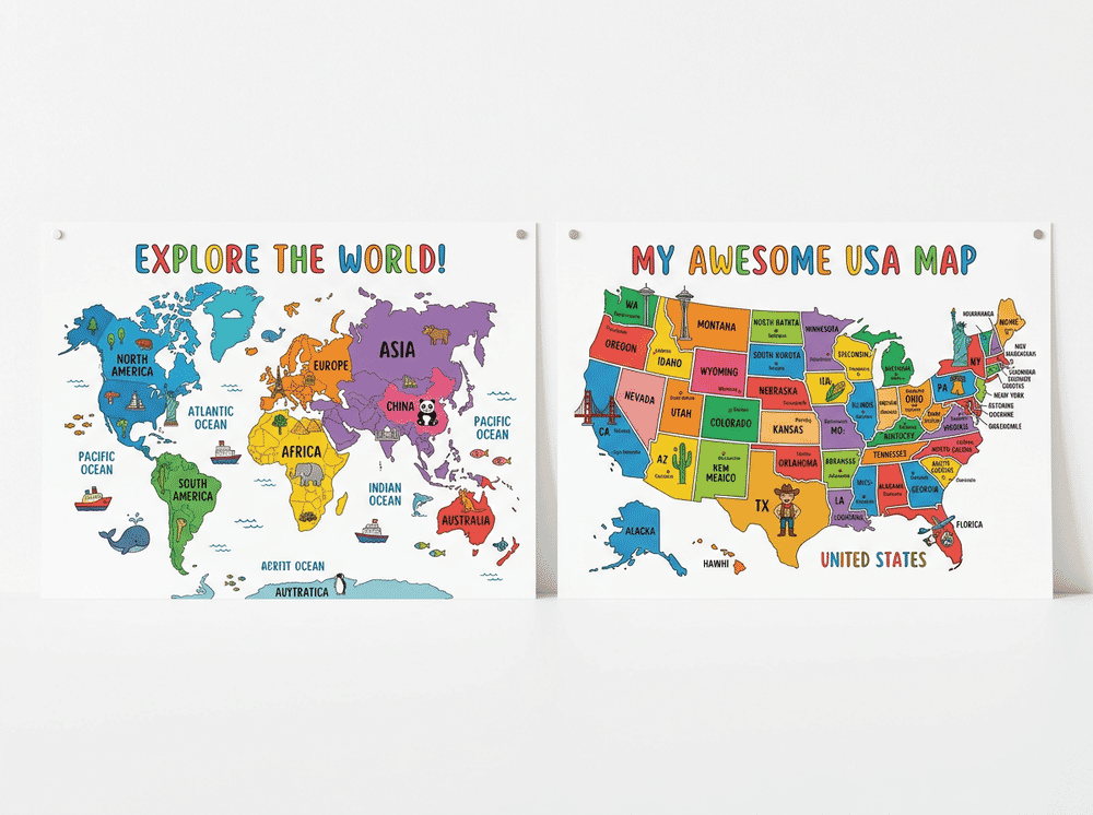 Momo and Nashi colorful illustrated world map and US map poster set for kids