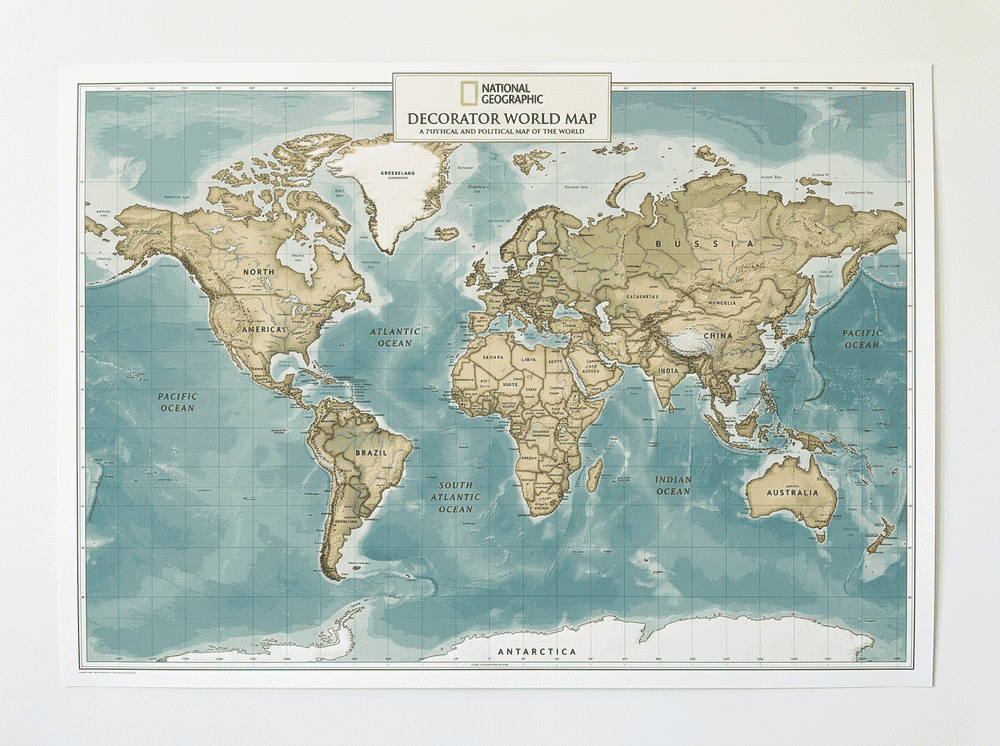 National Geographic Decorator World Wall Map with earth-tone colors and terrain shading