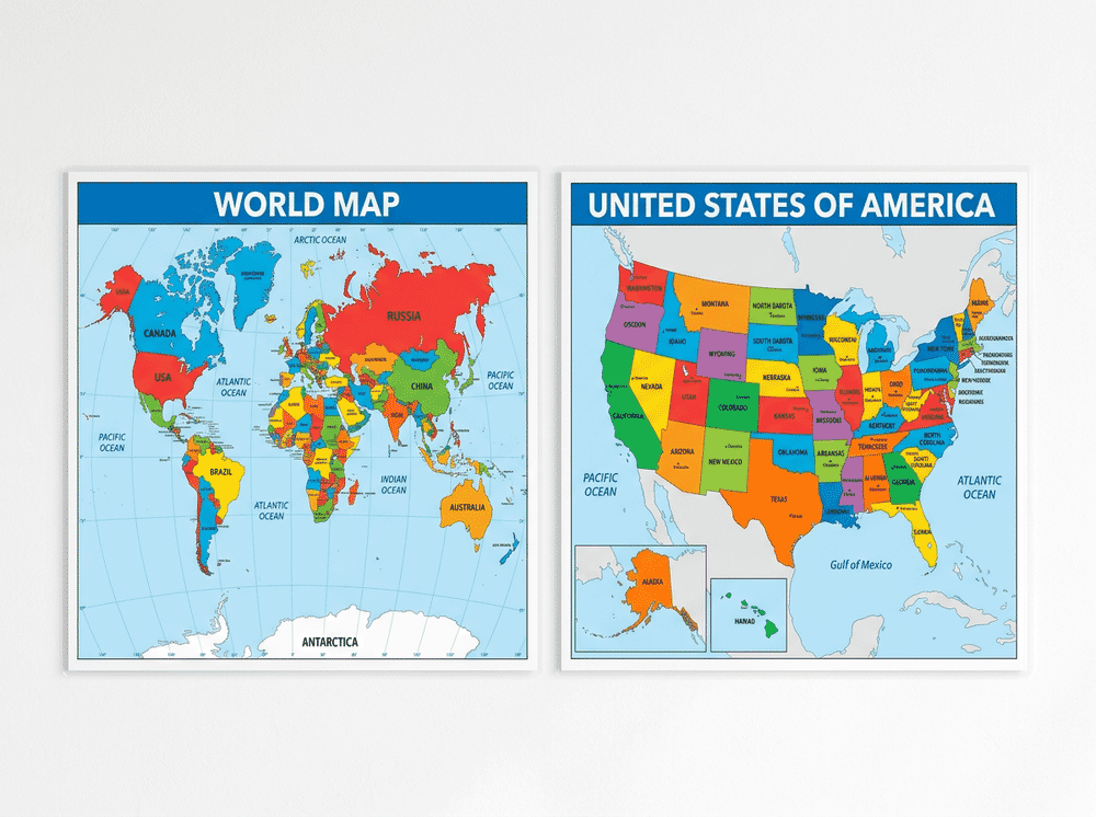 PalaceLearning laminated world map and US map poster set