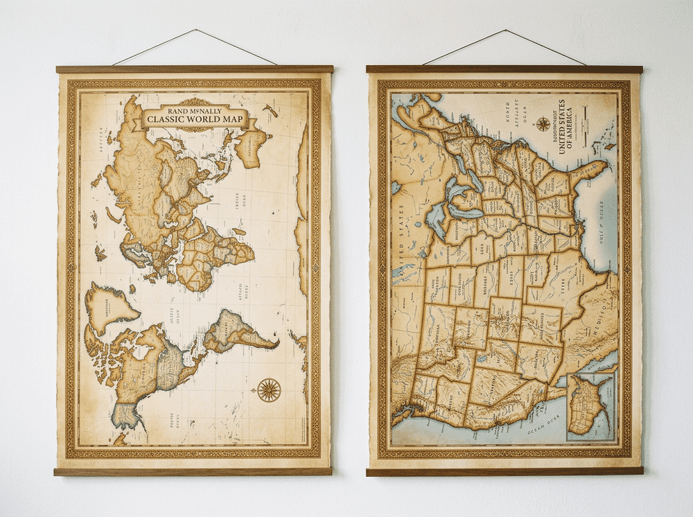 RMC Classic US and World Wall Map Set with tea-stained antique styling