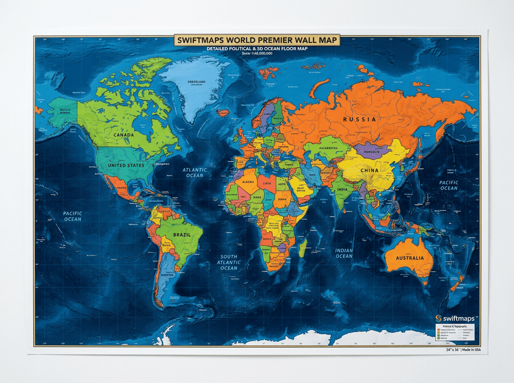 Swiftmaps World Premier Wall Map Poster with colorful countries and 3D ocean topography