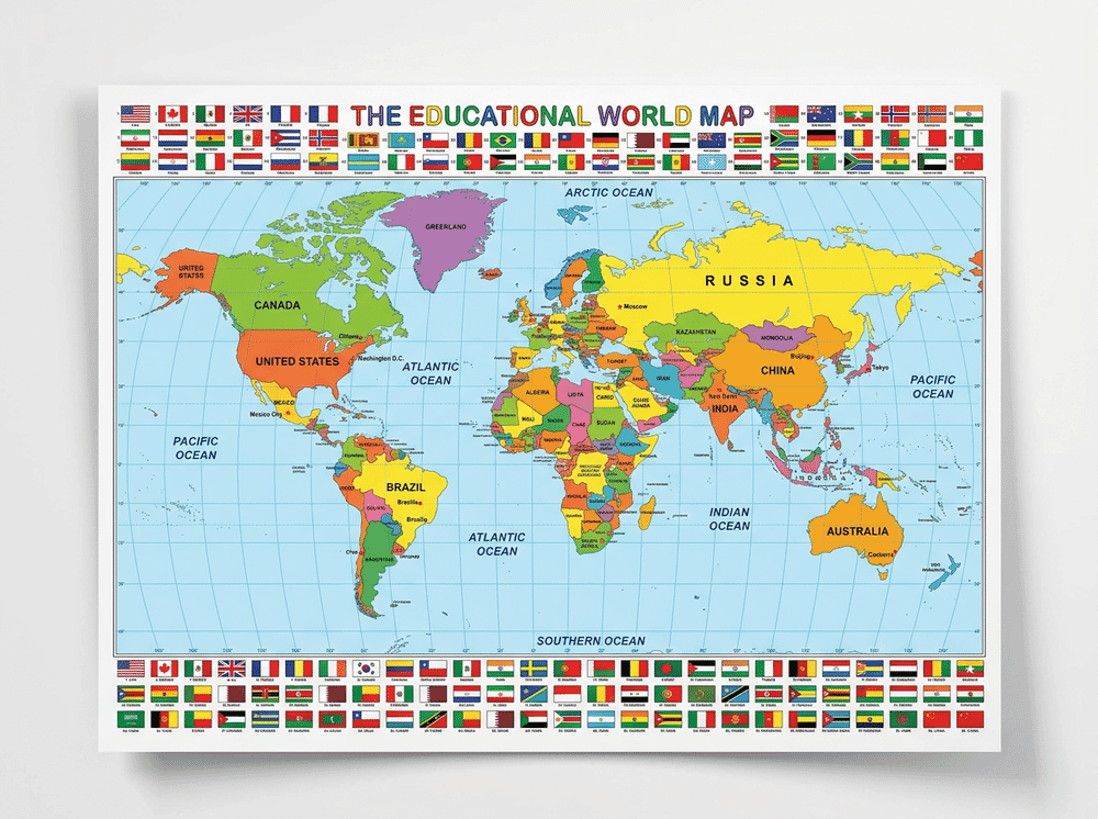 The World Game large educational world map poster with country flags and capitals
