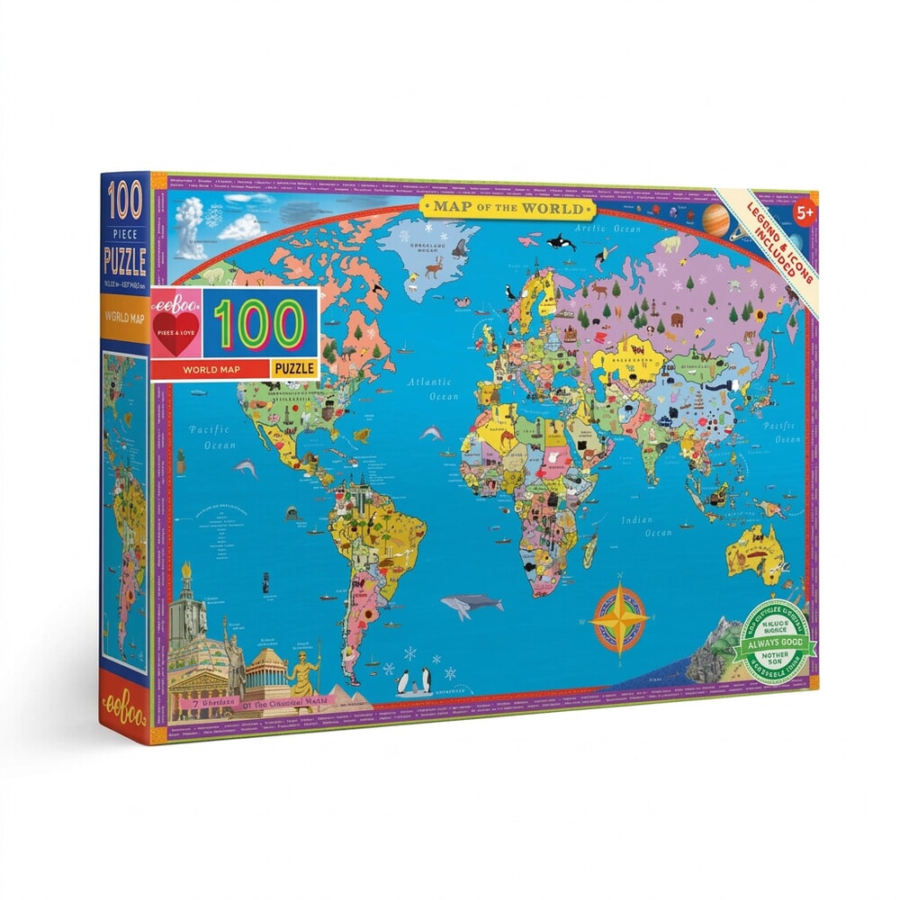 eeBoo 100-piece world map puzzle for kids with colorful illustrations on white background