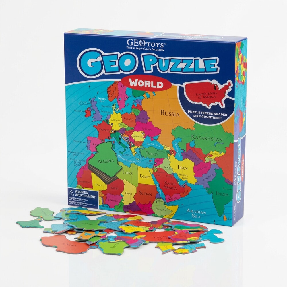 GeoToys GeoPuzzle World with country-shaped puzzle pieces on white background