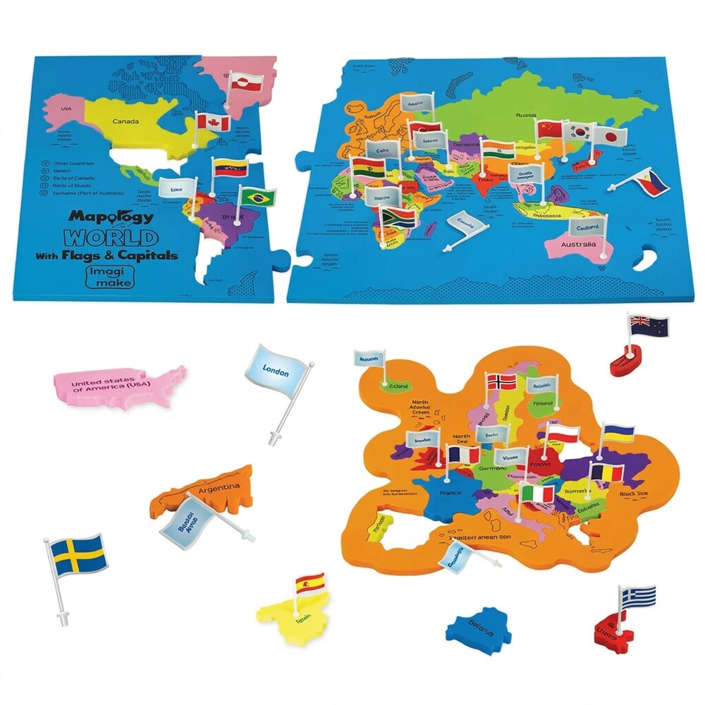 Imagimake Mapology world map foam puzzle with country-shaped pieces on white background