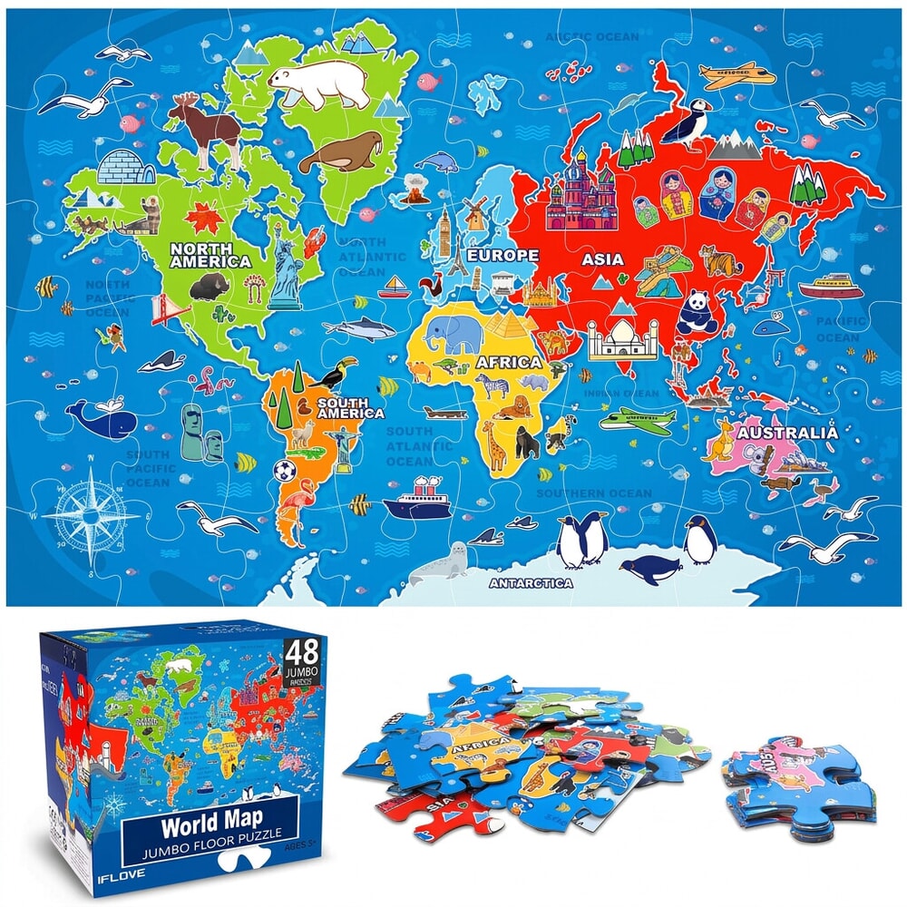 Jumbo 48-piece world map floor puzzle for kids with landmark icons on white background