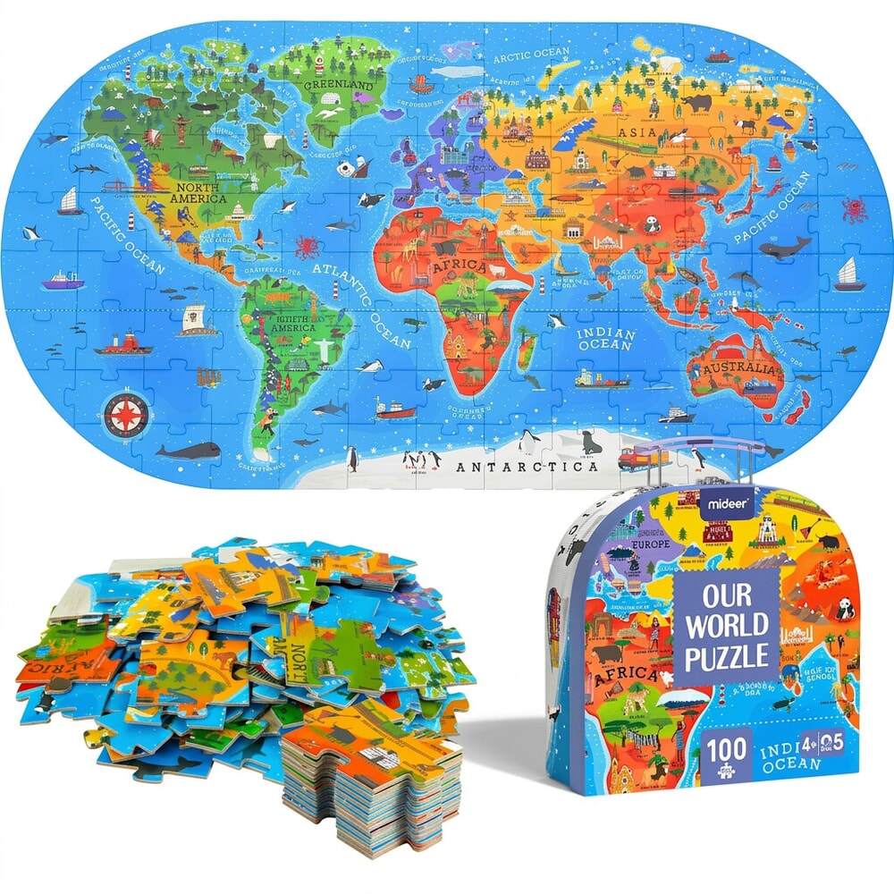 Mideer 100-piece world map floor puzzle with landmark illustrations on white background