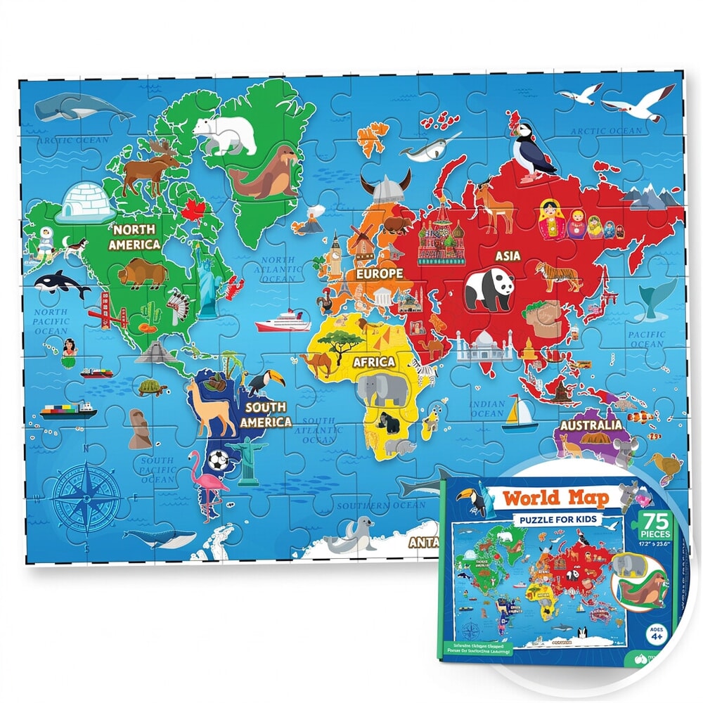 Momo and Nashi 75-piece world map puzzle for kids on white background