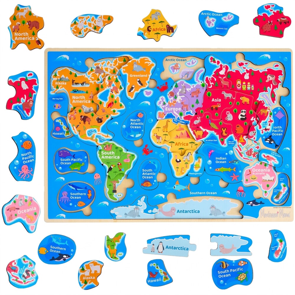Montessori Mama wooden world map puzzle with continents and ocean pieces on white background