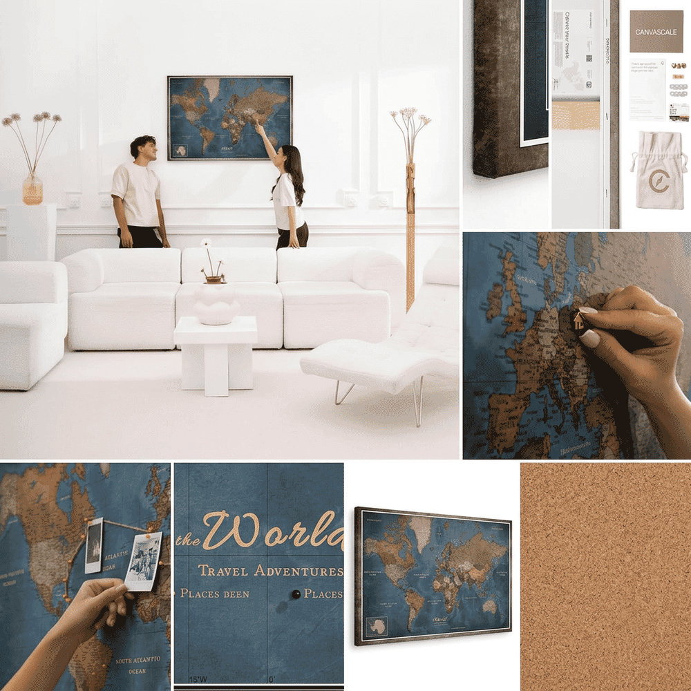 CANVASCALE cork world map showing pin placement and design detail