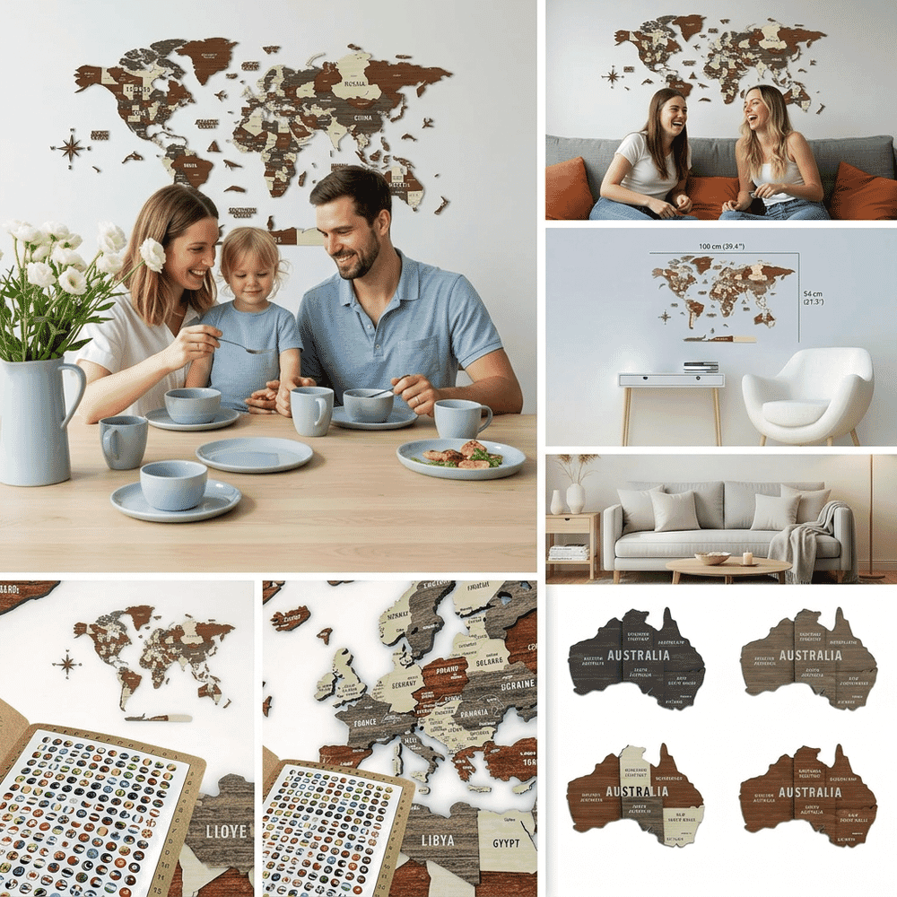 Colorfull Worlds 3D wooden world map showing vibrant colors and layered design