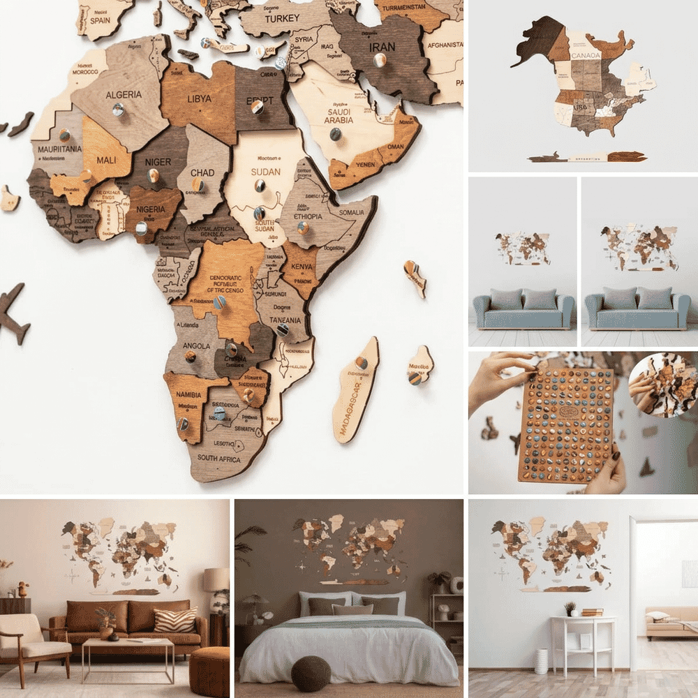 Enjoy The Wood 3D World Map multiple views showing detail and mounting
