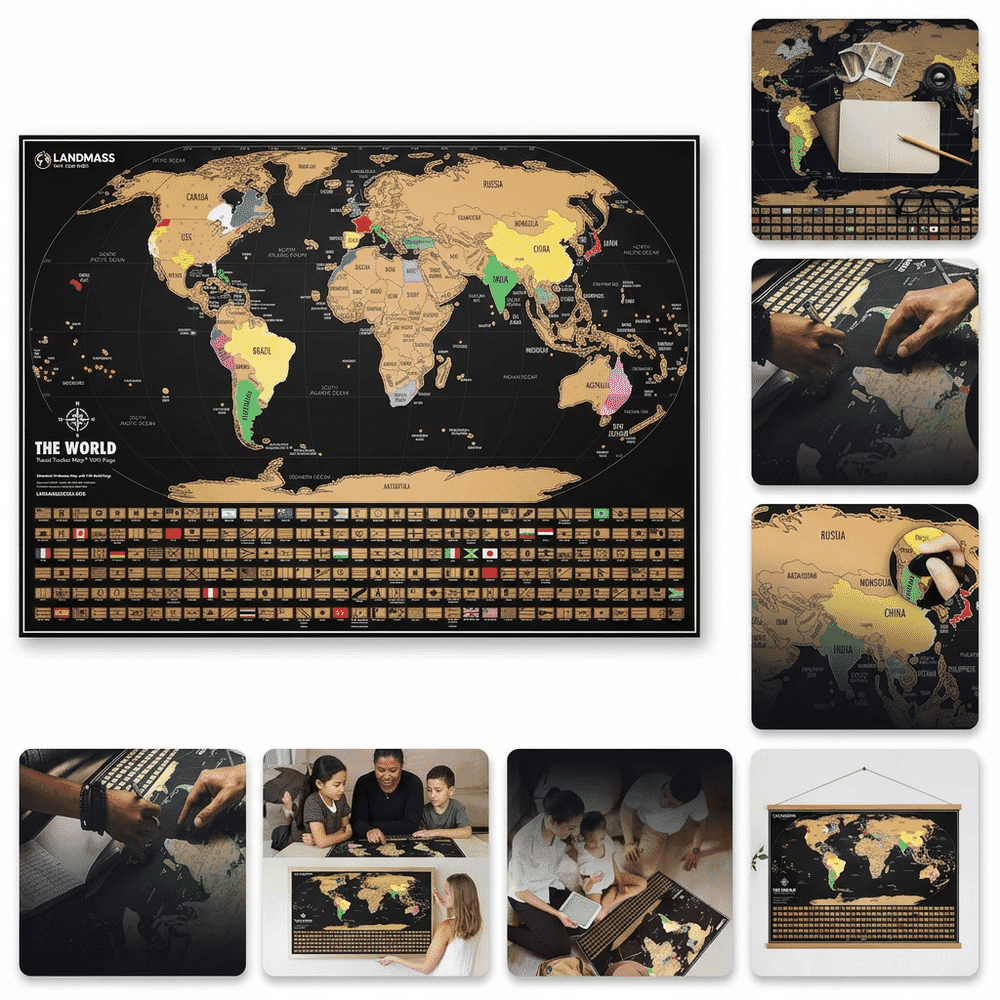 Landmass scratch off world map showing scratched and unscratched areas