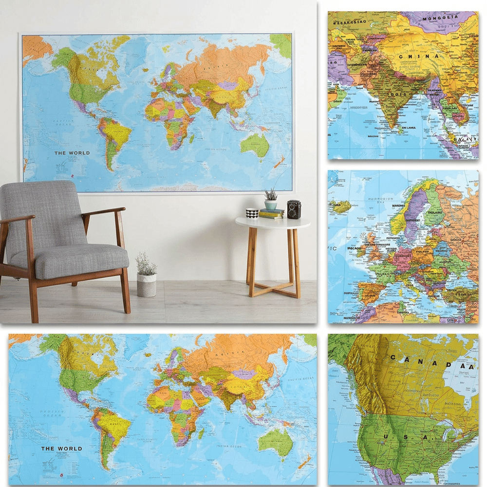 Maps International Giant World Map detail showing laminated surface and cartographic quality