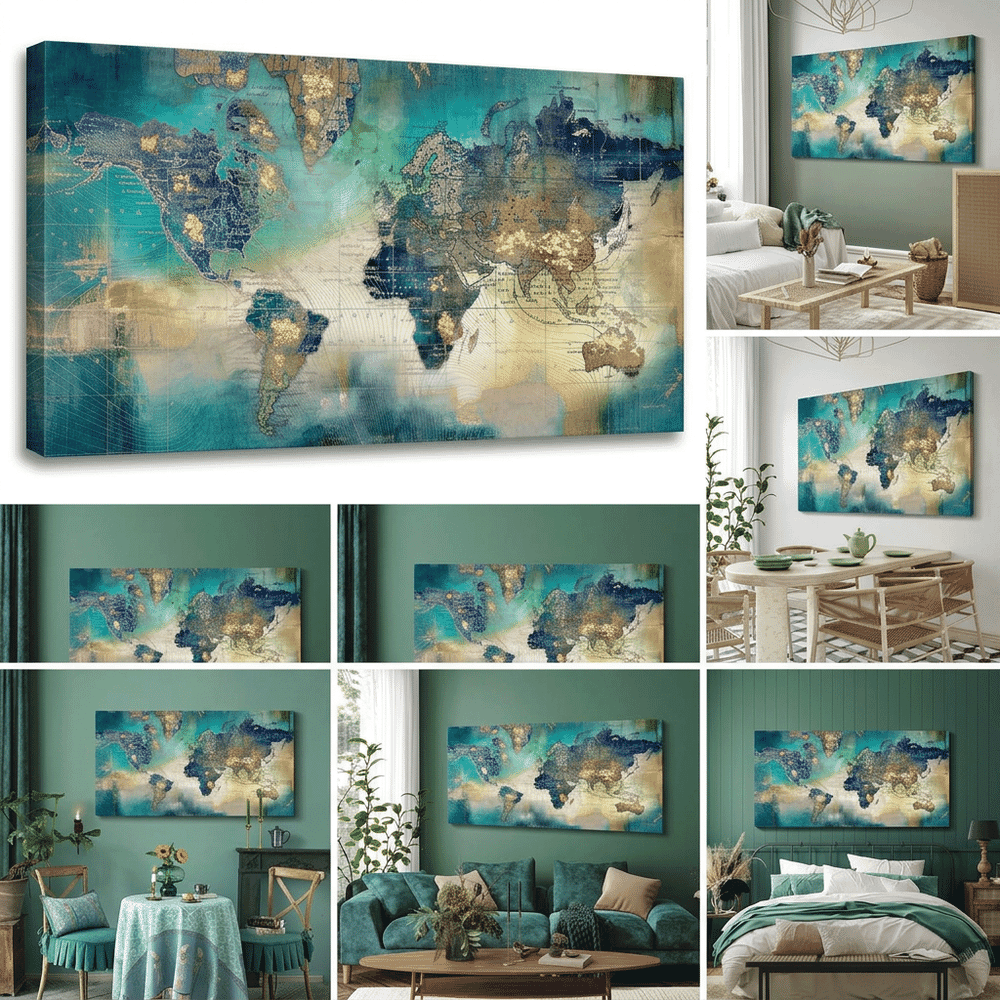 Pogusmavi canvas world map showing detail and gallery-wrapped edges