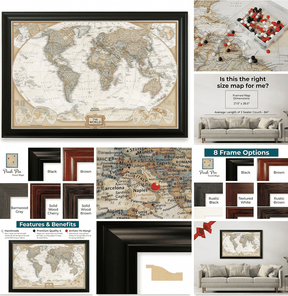 Push Pin Travel Maps Executive showing frame options and pin detail