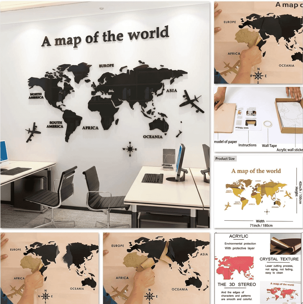 WINDIR 3D acrylic world map decal showing mirror finish and wall mounting
