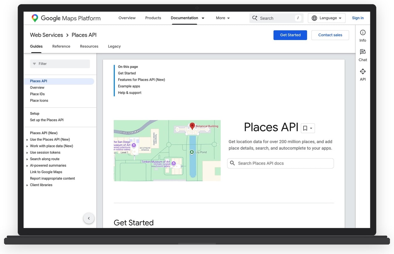 Google Places API developer documentation page