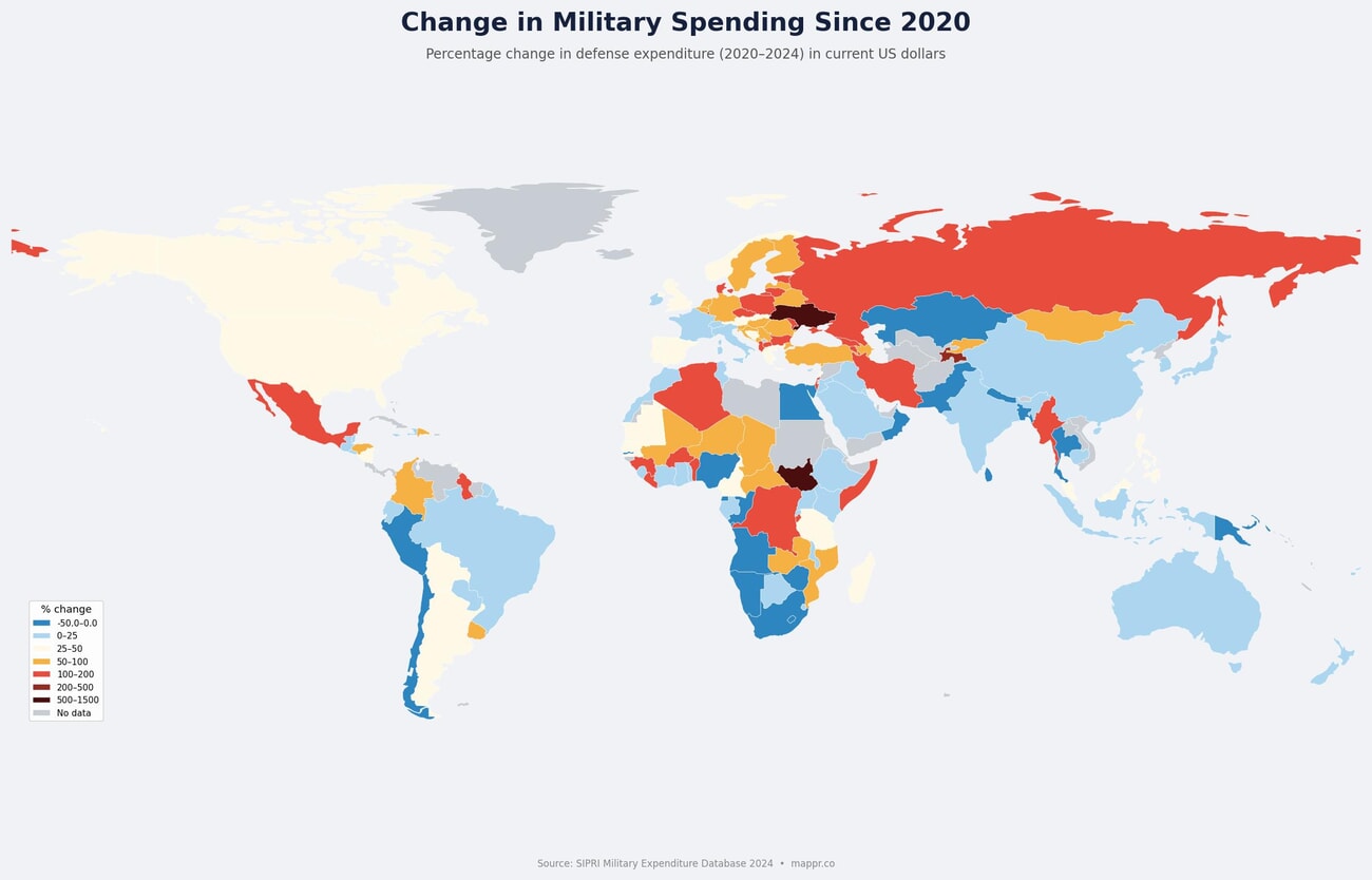 World map showing percentage change in military spending from 2020 to 2024, with Eastern Europe and conflict zones showing the largest increases