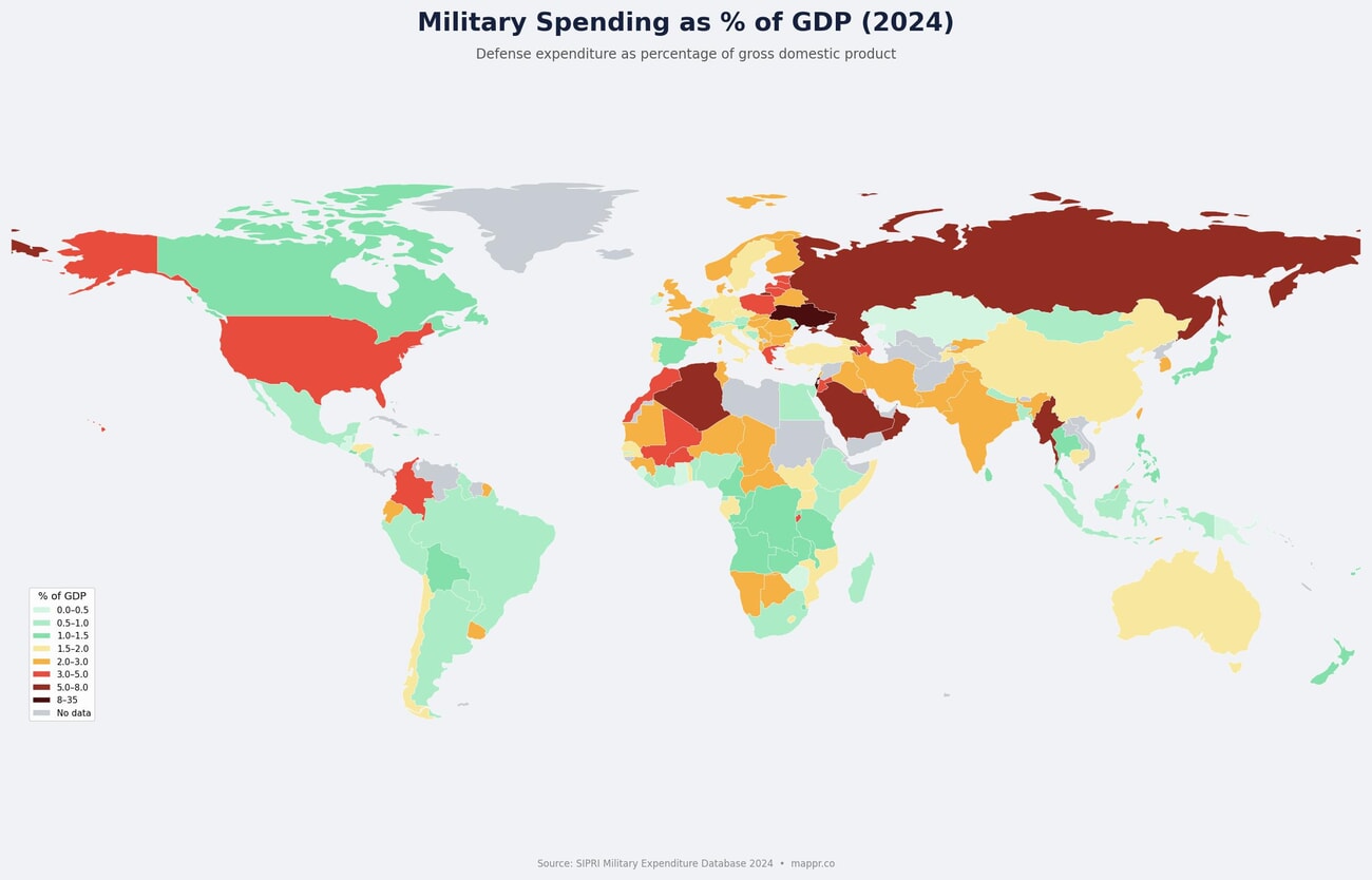 World map showing military spending as percentage of GDP by country in 2024, with Ukraine, Israel, and Saudi Arabia having the highest shares