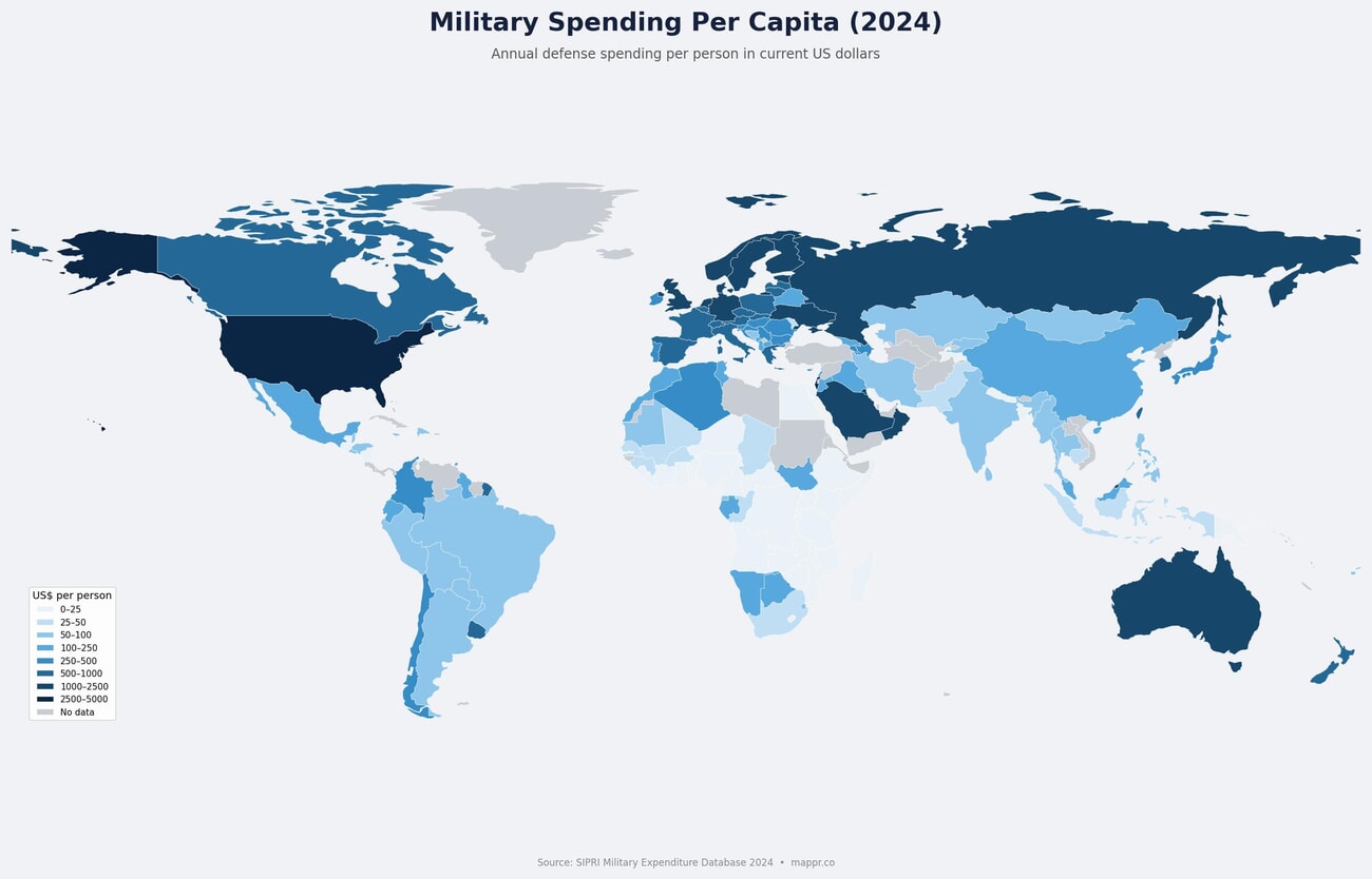 World map showing military spending per capita by country in 2024, with Israel, the United States, and Gulf states leading