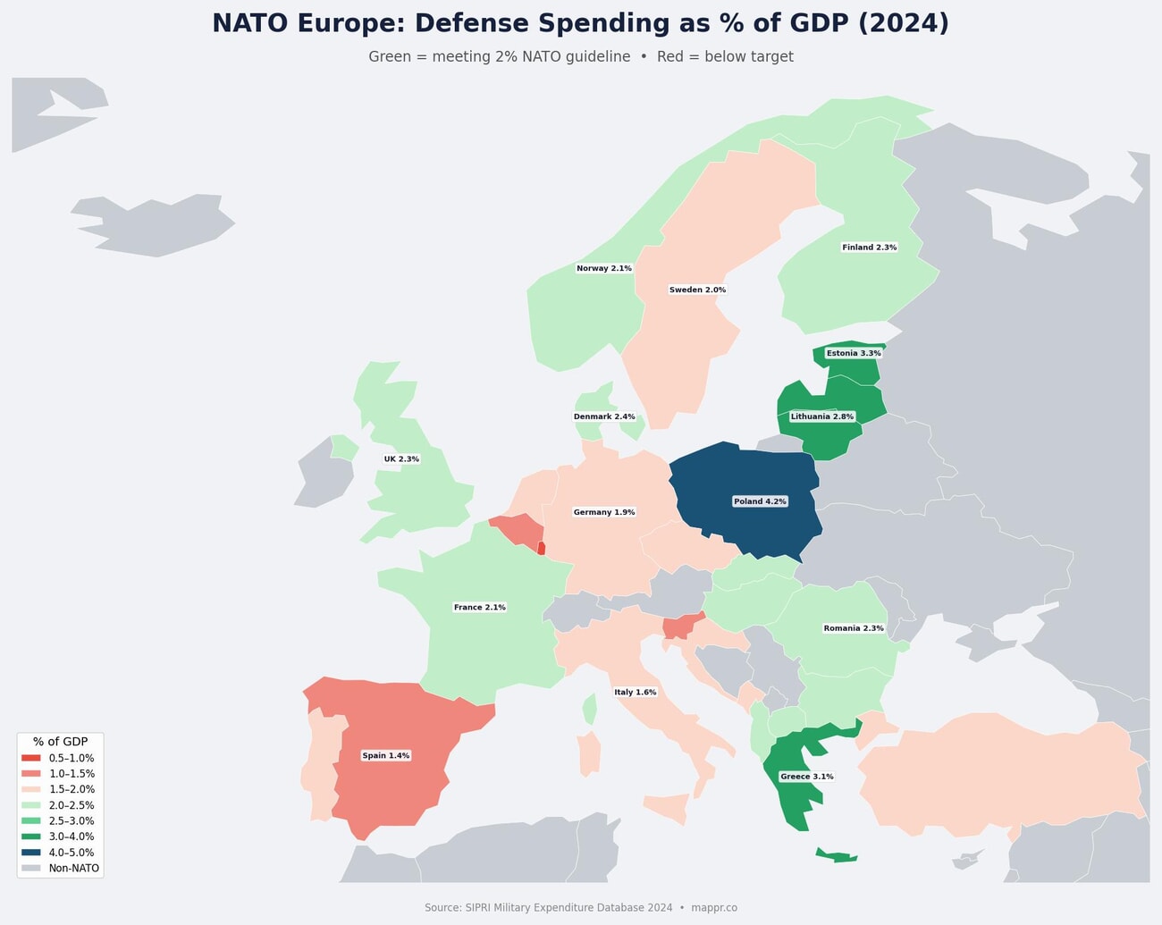 Map of NATO European members showing defense spending as percentage of GDP in 2024, with green indicating countries meeting the 2% target