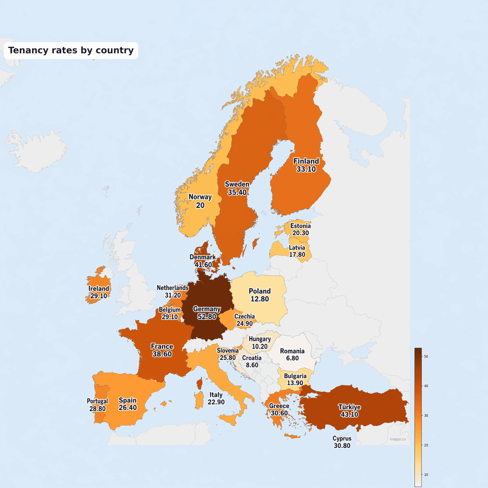 Choropleth map of Europe showing 2025 tenancy rates by country from Eurostat ilc_lvho02. Germany darkest at 52.8%, Türkiye second at 43.1%, Denmark 41.6%. Romania lightest at 6.8%, Croatia 8.6%, Hungary 10.2%. Central/Eastern Europe clearly shows the lowest tenant shares; Northwestern Europe the highest.