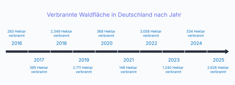 Zeitstrahl: verbrannte Waldfläche in Deutschland je Jahr 2016 bis 2025 in Hektar. Die Werte schwanken stark, von 148 Hektar 2021 und 334 Hektar 2024 bis zu 3.058 Hektar 2022 und 2.626 Hektar 2025.