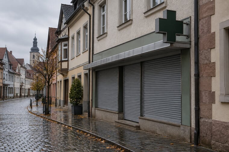 Die geschlossene, mit Rollläden verriegelte Fassade einer kleinen Apotheke in einer ruhigen deutschen Kleinstadtstraße bei trübem Herbstwetter, ein dunkles Apothekenkreuz