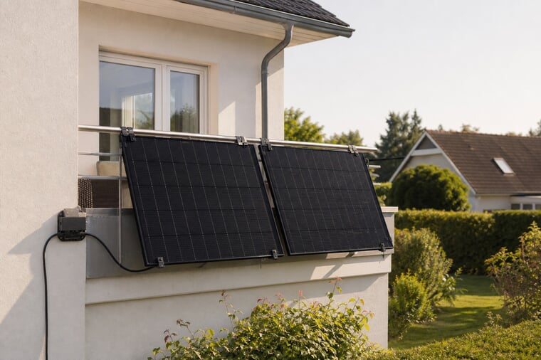 Solar vom Balkon — zwei Photovoltaikmodule am Balkongeländer eines Vorstadthauses