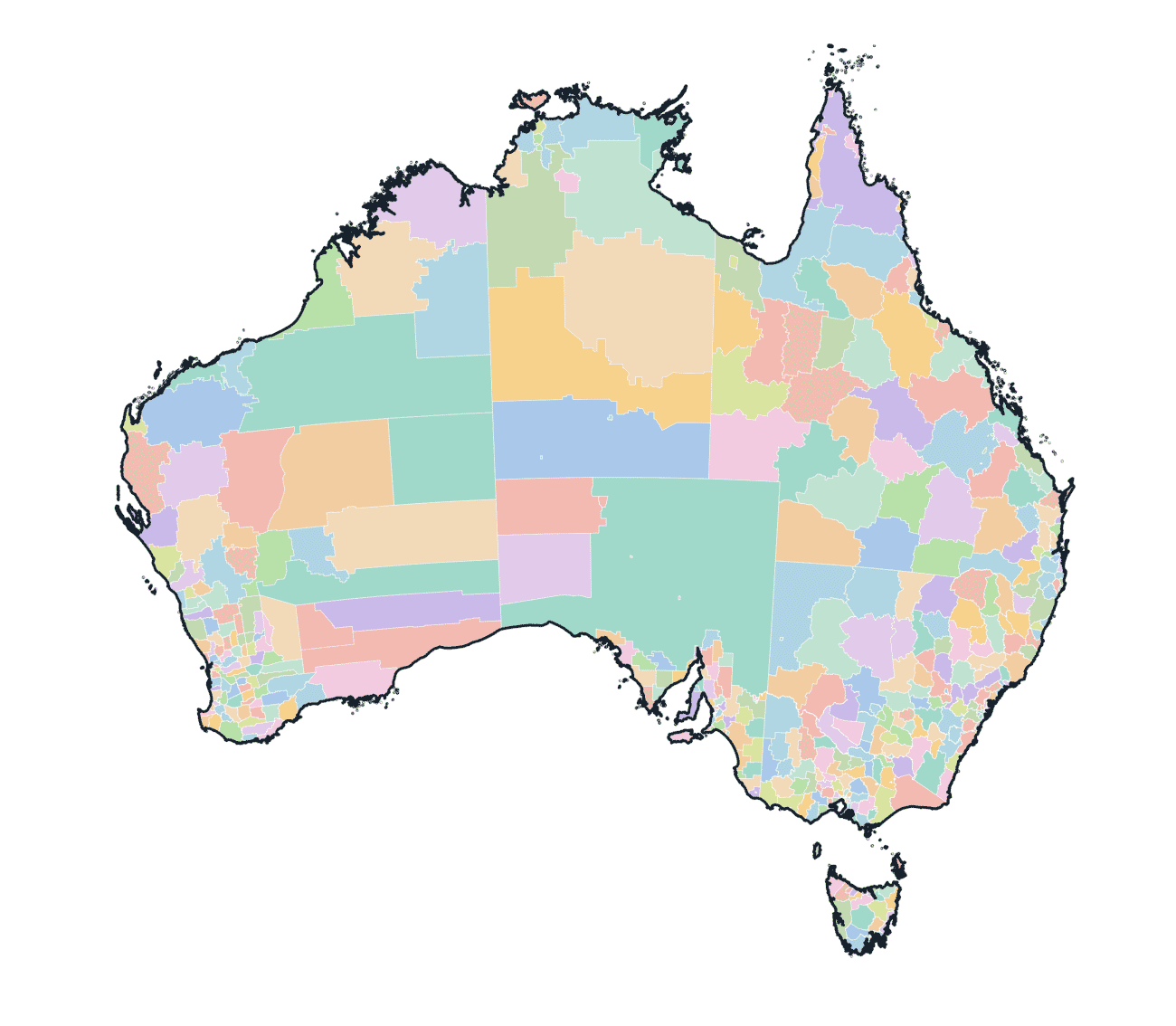 Colored Local Government Areas Map of Australia