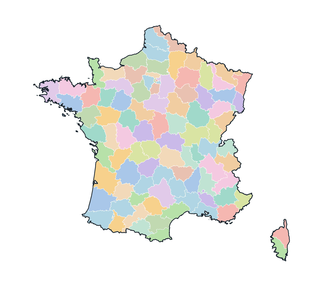 Colored Departments Map of France