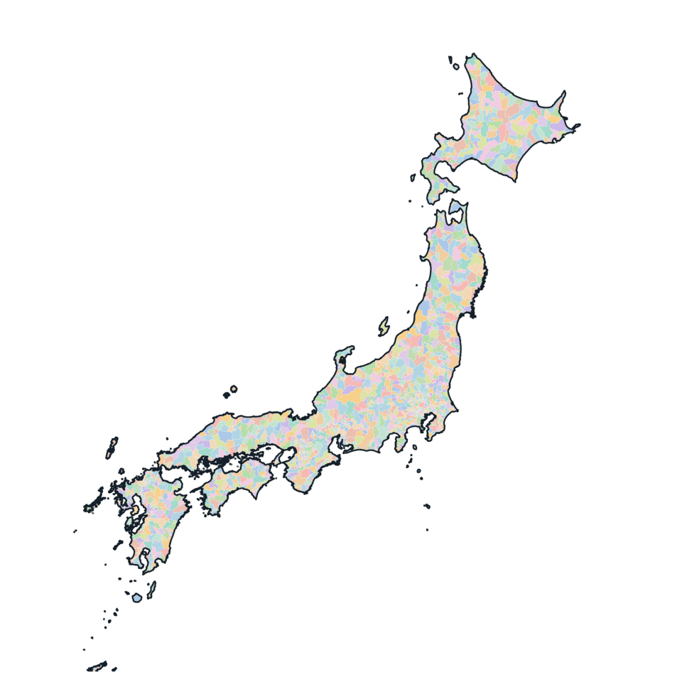 Colored Municipalities Map of Japan