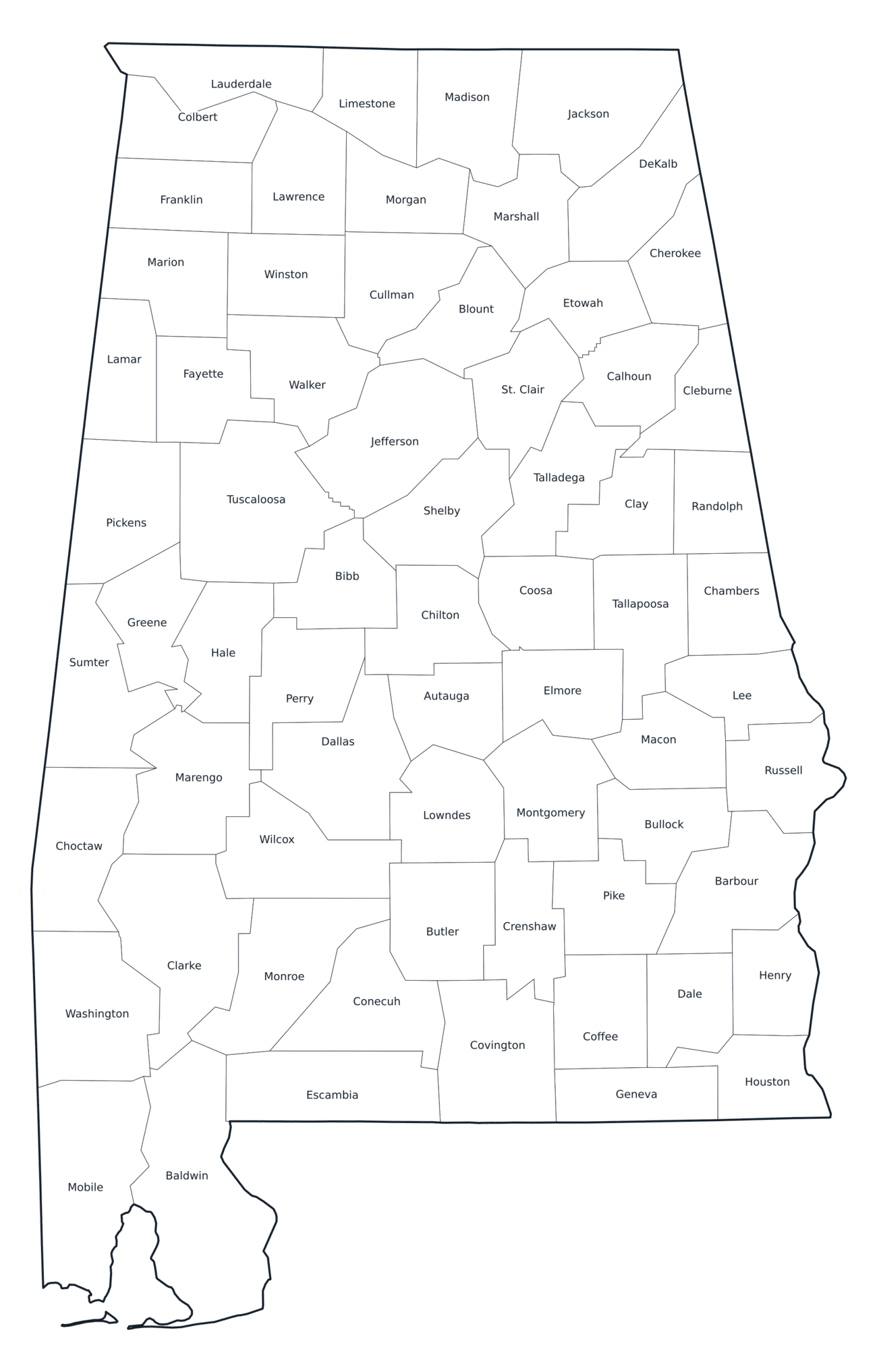 Labeled County Map of Alabama