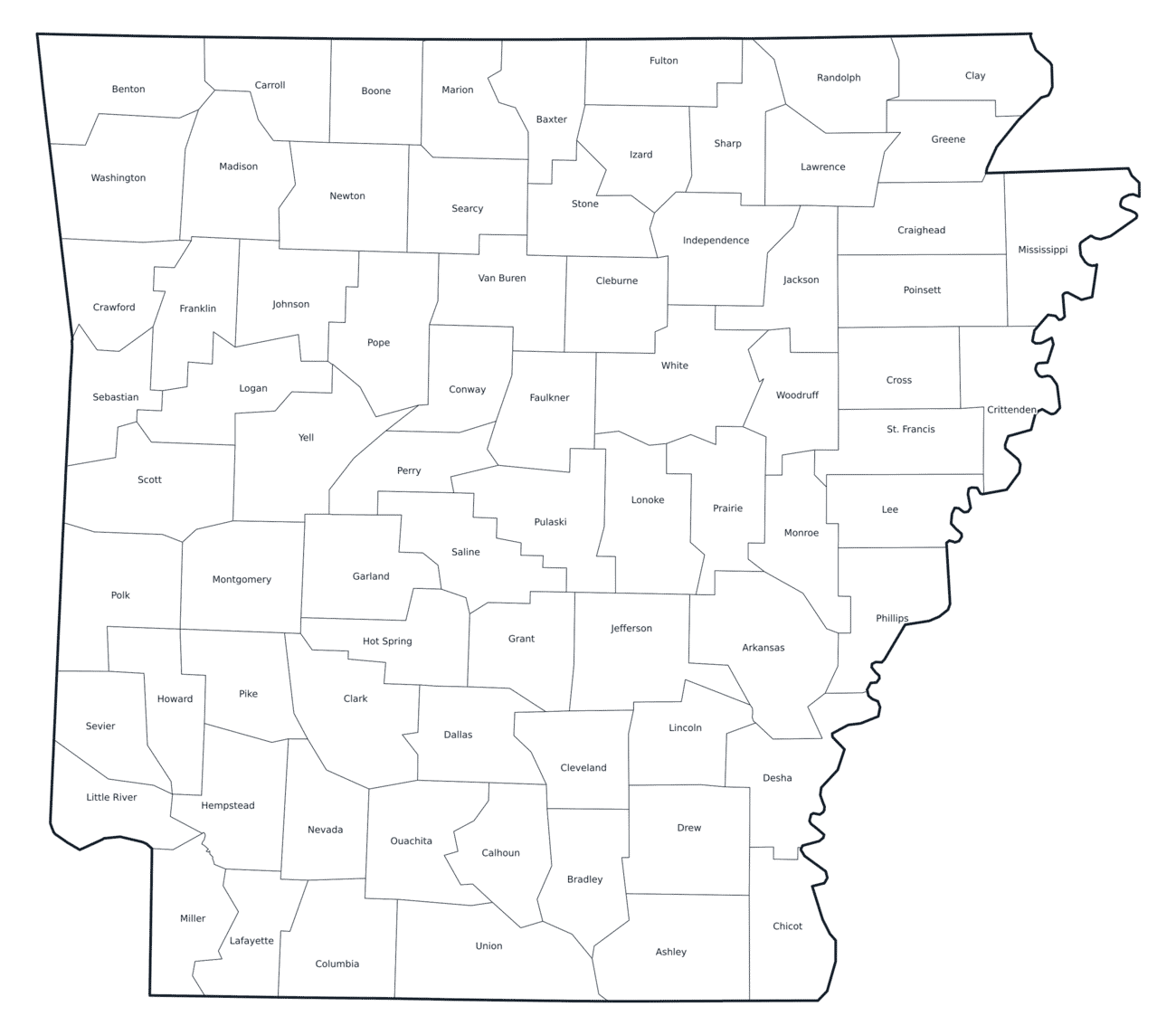 Labeled County Map of Arkansas