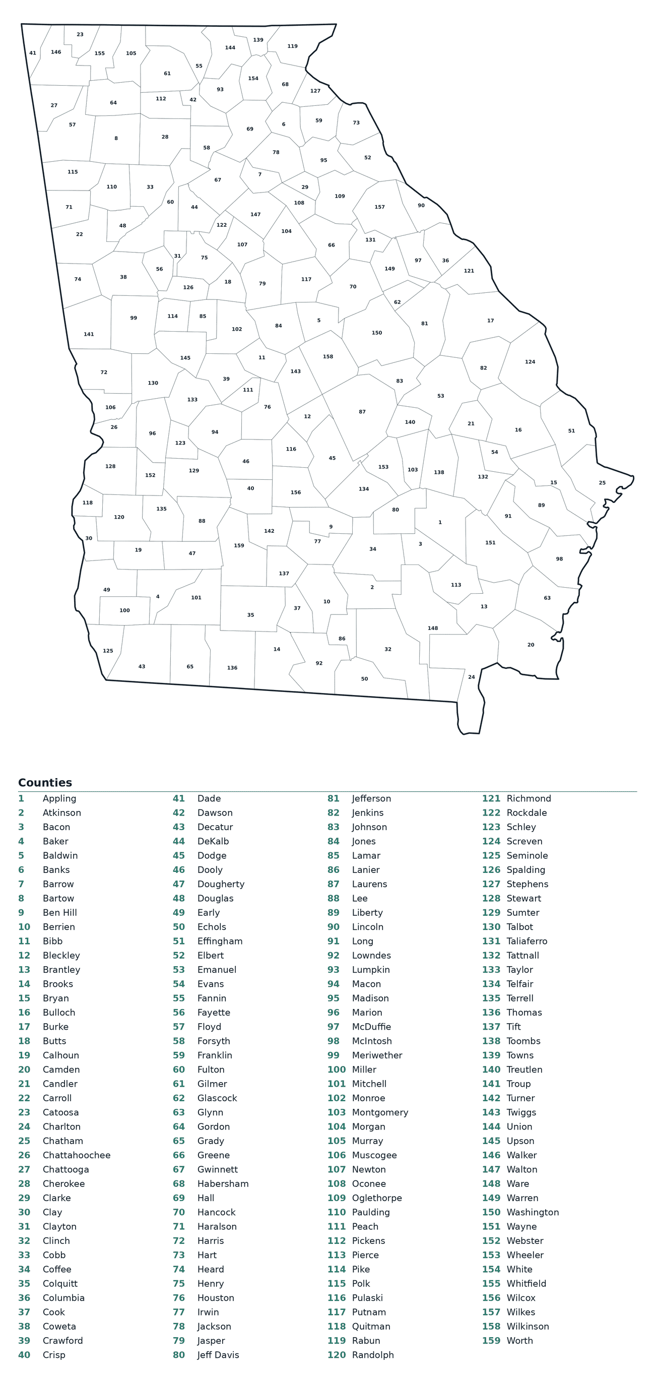 Labeled County Map of Georgia