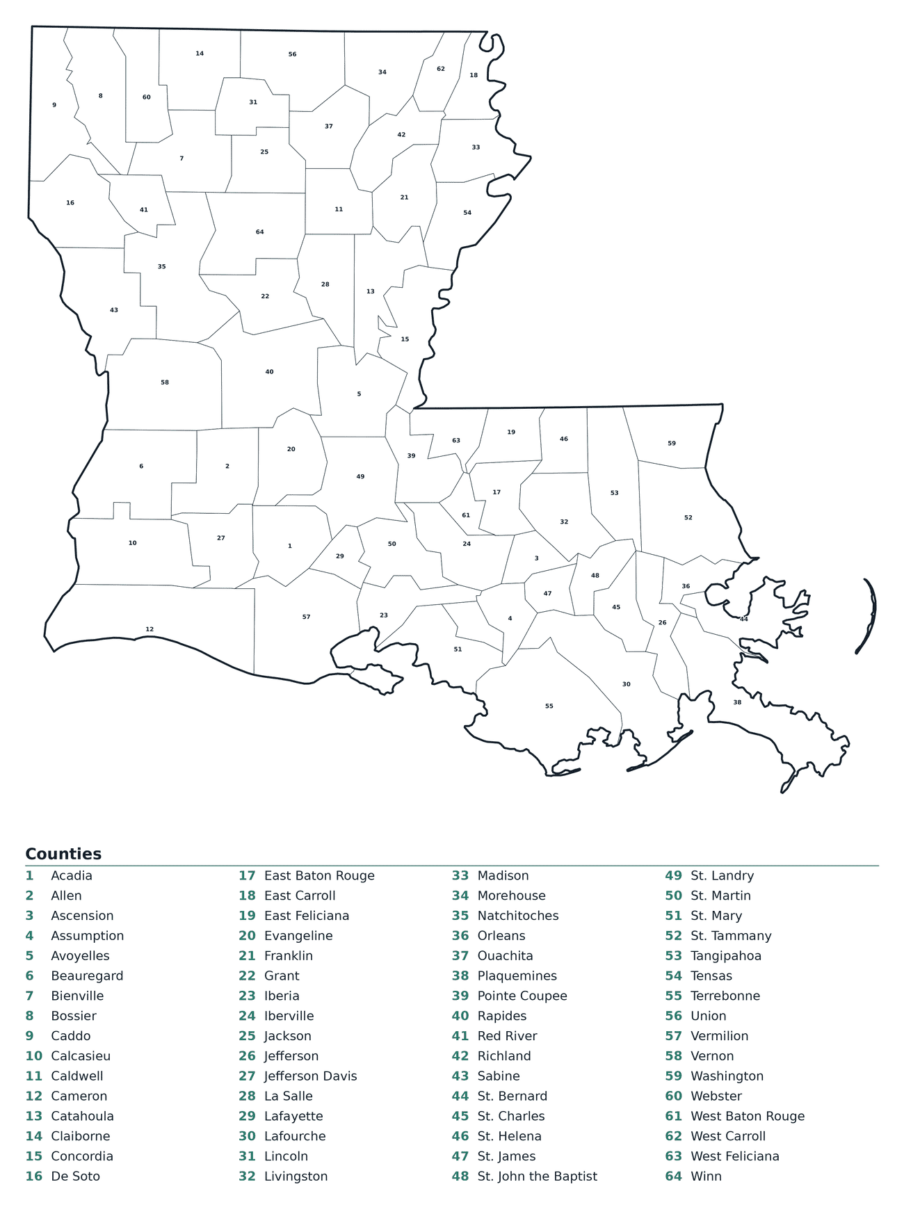 Labeled County Map of Louisiana