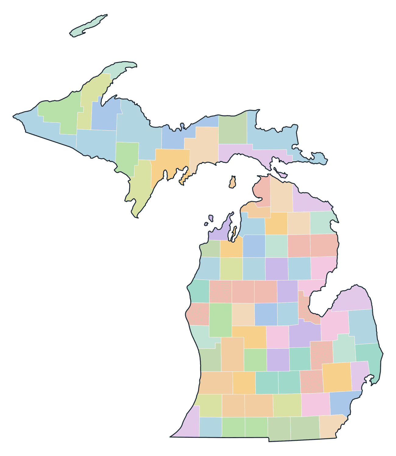 Colored County Map of Michigan