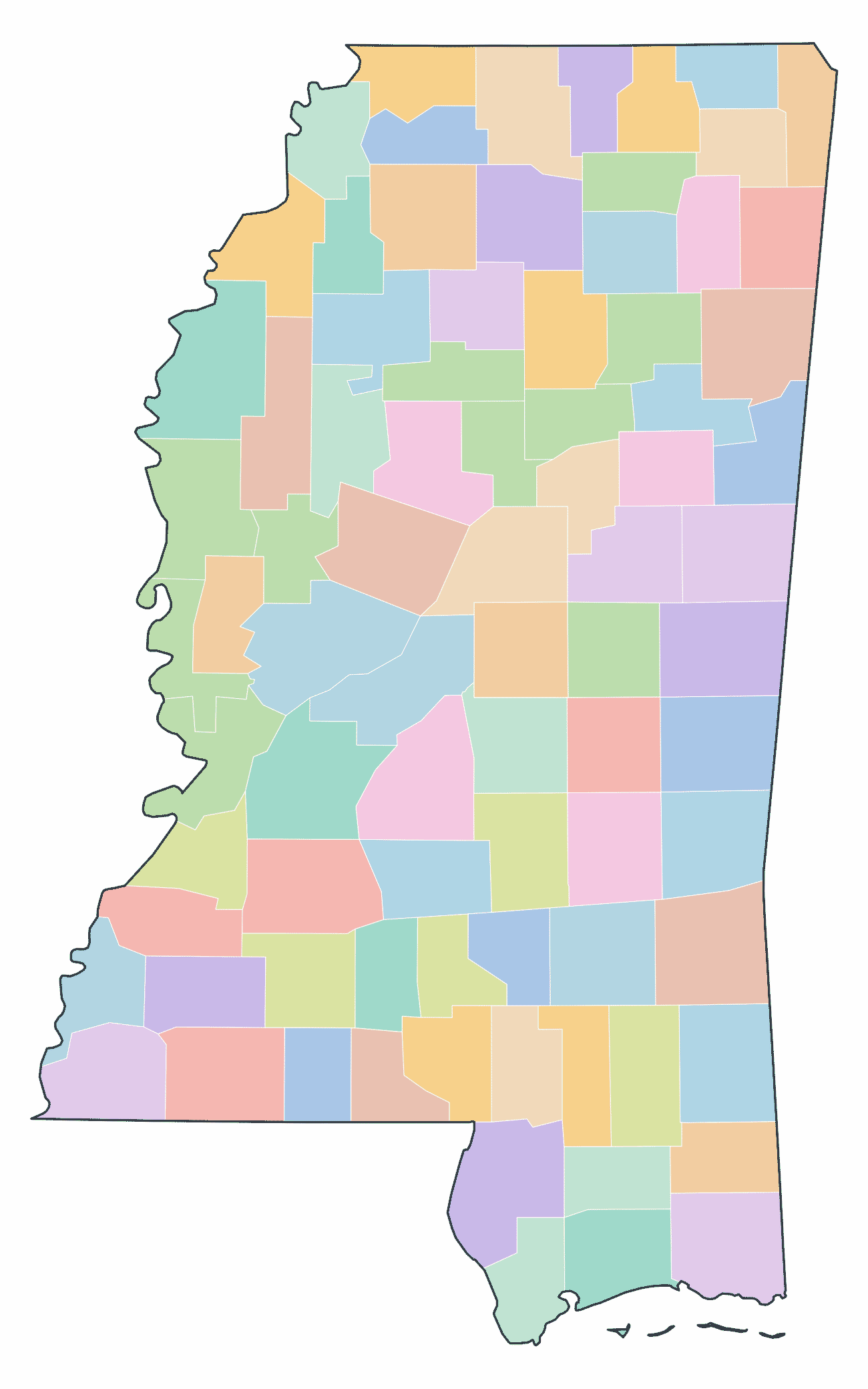 Colored County Map of Mississippi